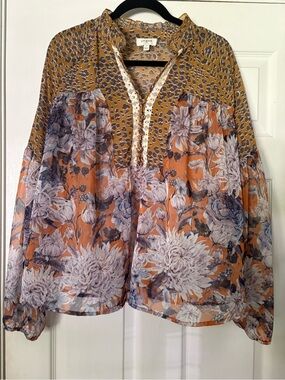 Umgee Mixed-Print Floral and Animal-Print Boho Blouse in Mustard and Orange